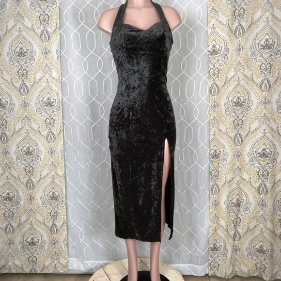 Vintage All That Jazz Black Velvet Maxi Dress with Thigh Split Size Medium - Picture 8 of 11